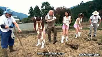 A group of teen Asian farm workers finish the day up and are treated to some drinks by the dudes. The babes decide to reward them by fucking them and they get creamed. video