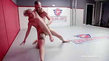 Skinny Arielle Aquinas naked sex wrestling fight vs Chad Diamond getting eaten and sucking cock video